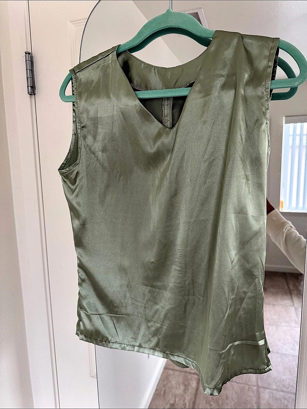 Satin-Style Green V-Neck Tank Top